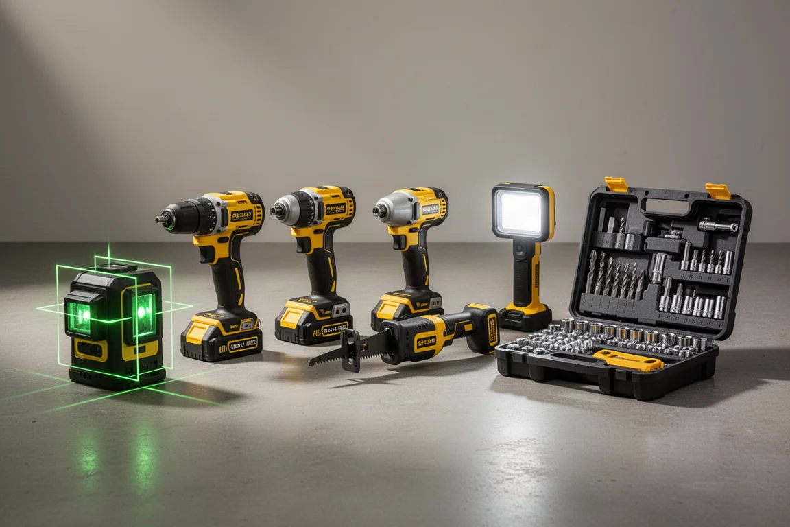 Row of cordless power tools including a laser level, drill, impact driver, saw, and task light on concrete
