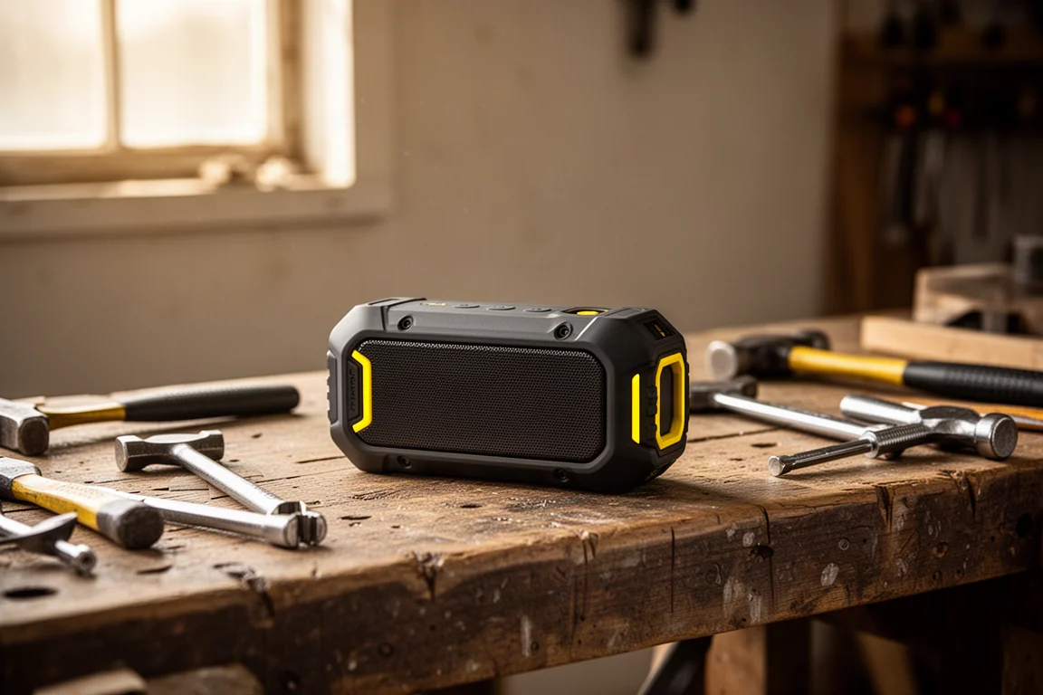 Compact rugged Bluetooth speaker sitting on a workshop workbench with tools nearby