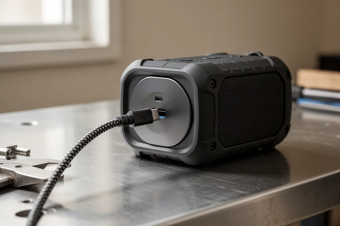 USB-C charging cable plugged into the rear of a portable speaker