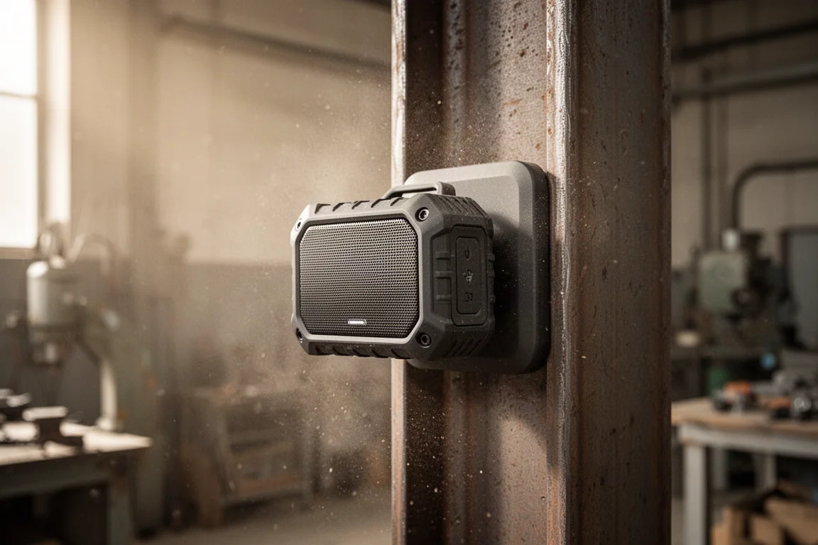 Magnetic speaker attached to a steel beam in a workshop