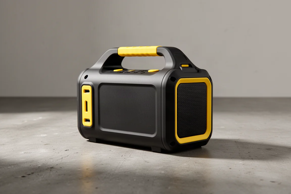 Compact rugged black and yellow Bluetooth speaker on a workshop floor