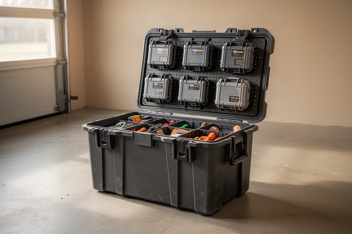Coffret de chantier ouvert avec de petits coffrets posés sur le couvercle fermé