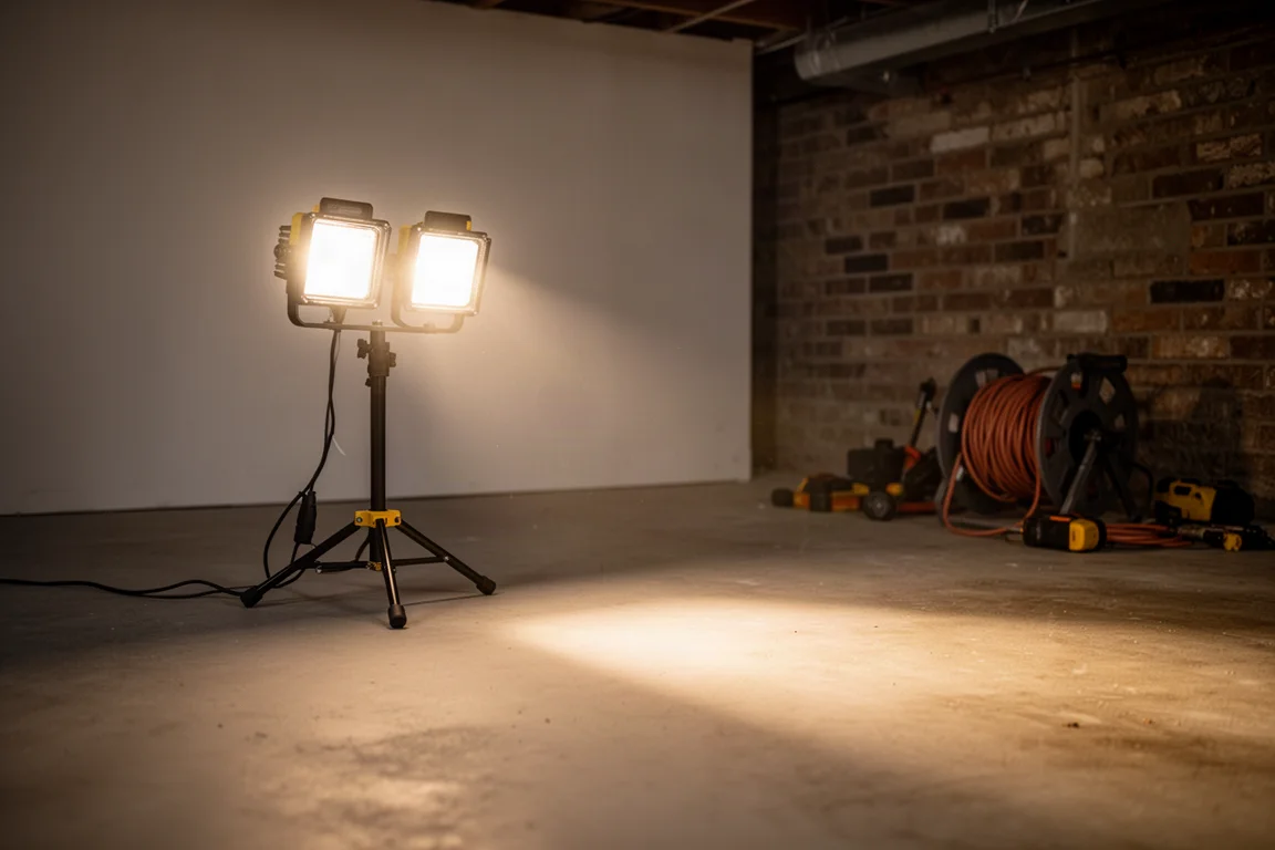 Dos cabezales LED de una luz de trabajo en obra iluminando intensamente un área oscura de trabajo en un sótano