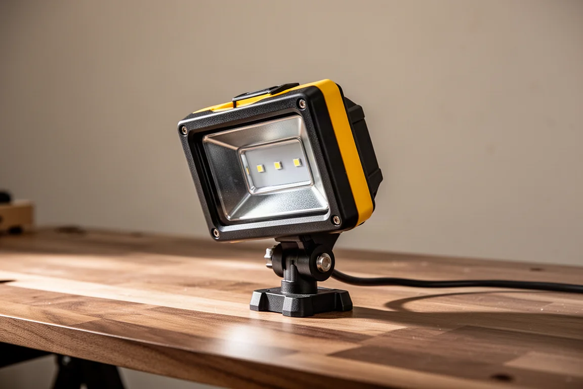 Cabezal LED ajustable girado a una posición inclinada en una luz de trabajo