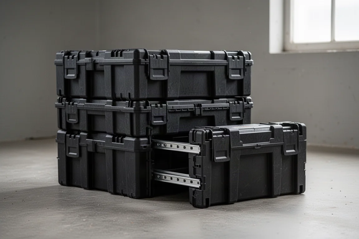 Cajas de herramientas modulares apilables colocadas sobre el suelo de un taller