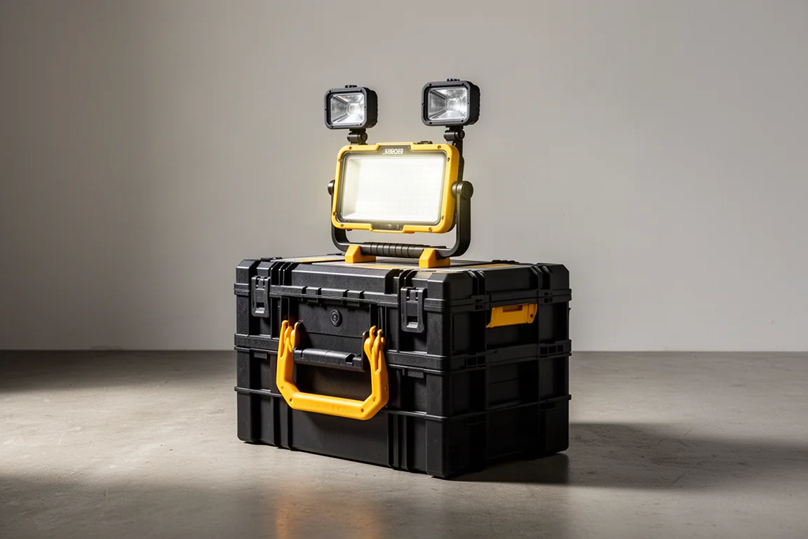 Luce da lavoro regolabile DeWalt Tough System 2.0 impilata sul suo contenitore per attrezzi su un pavimento in cemento