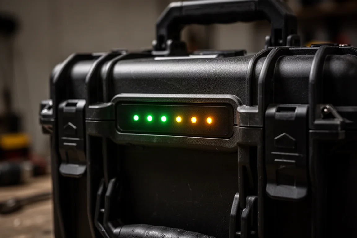 Case fechada preta para ferramentas com luzes iluminadas de indicação de carregamento na frente