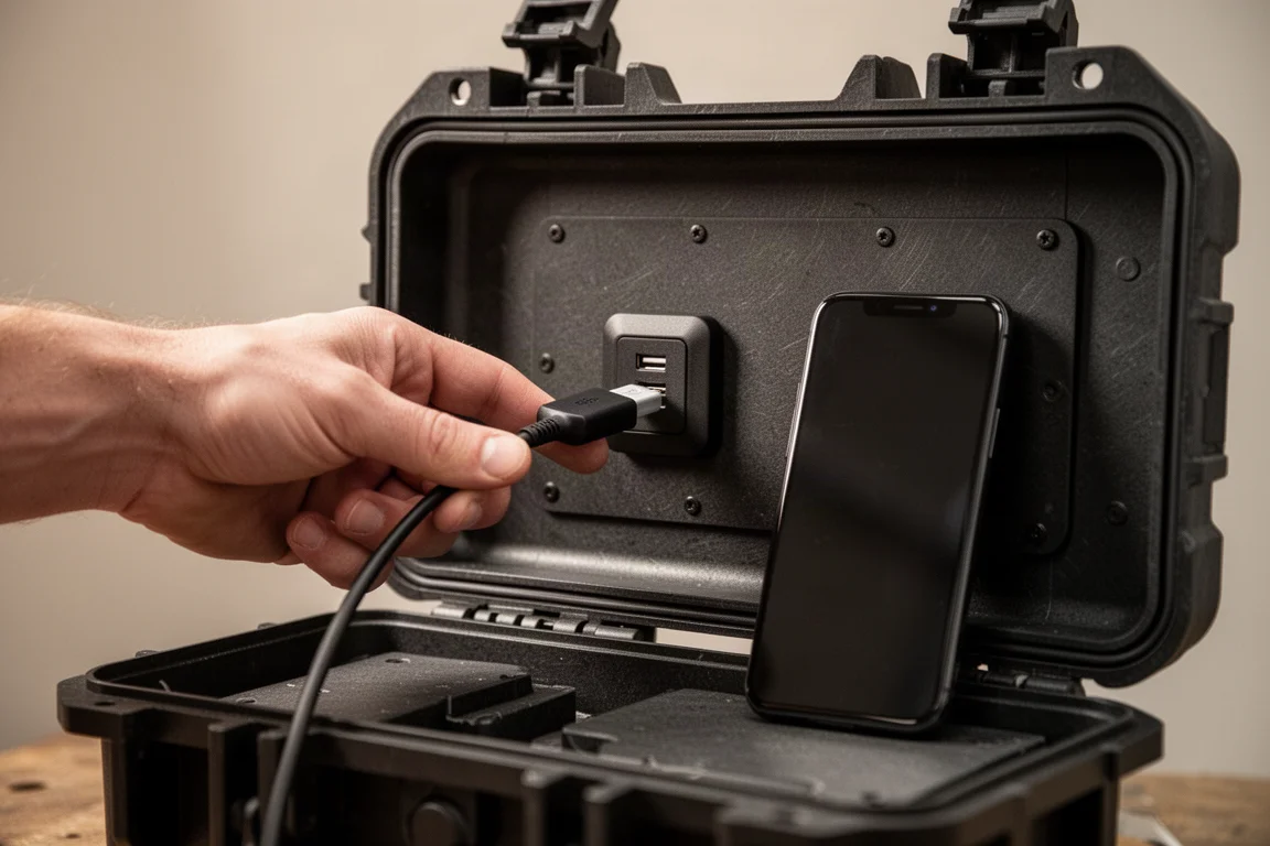 Trabalhador conectando um smartphone a uma porta de carregamento USB na parede interna de uma case de ferramentas
