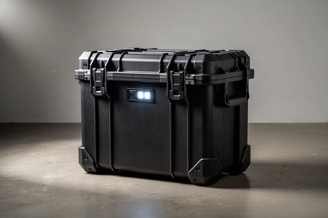 Closed black rugged tool storage case on a concrete workshop floor