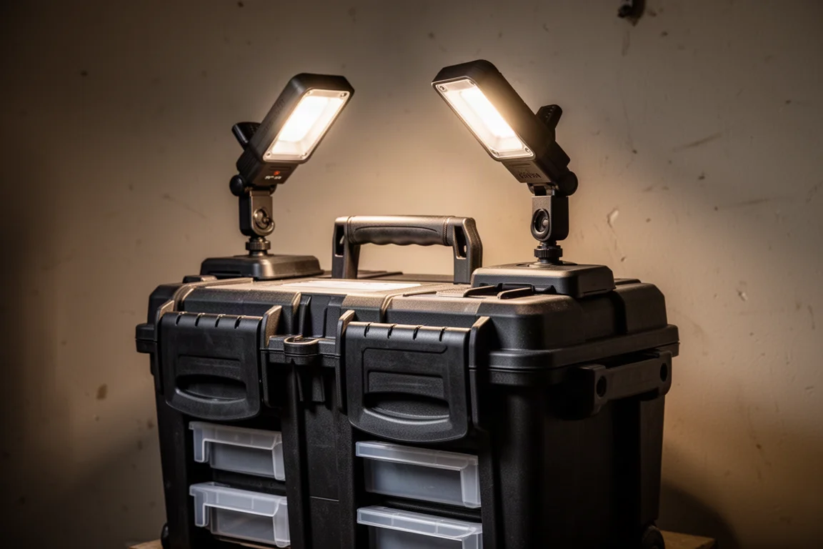 Lampe de travail à double tête sur une caisse à outils roulante, allumée sur un chantier