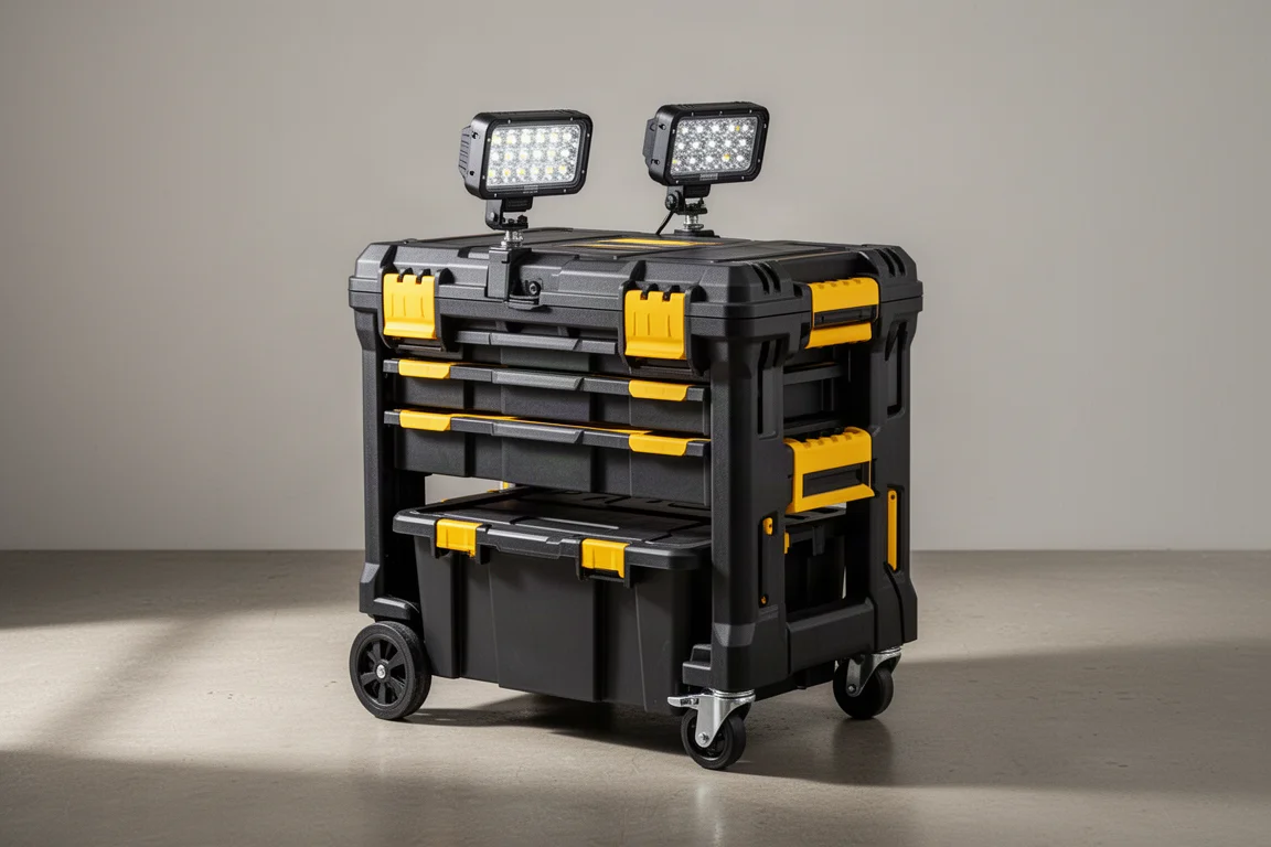 Unité roulante de rangement et d'éclairage DeWalt Tough System 2.0 sur du béton