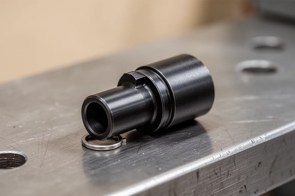 Gros plan sur la courte pièce d'angle intérieure avec un anneau porte-embout attaché