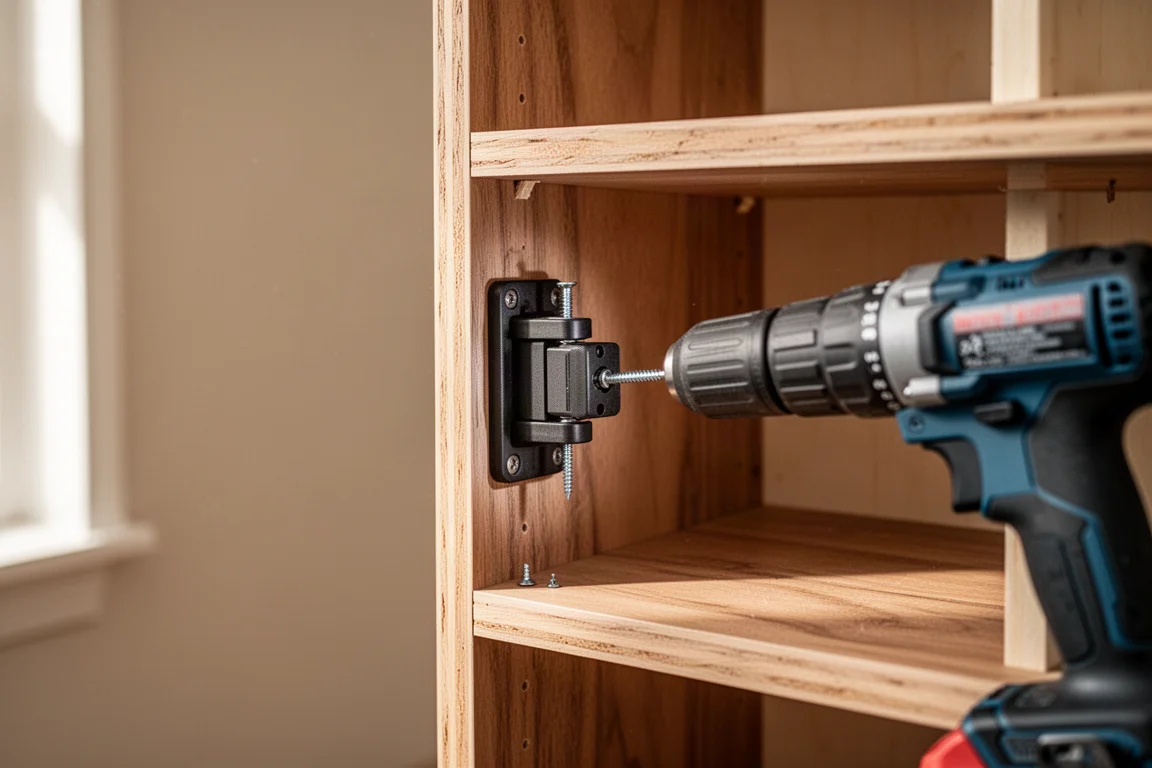 Embout compact monté sur une perceuse travaillant dans l'angle d'un meuble
