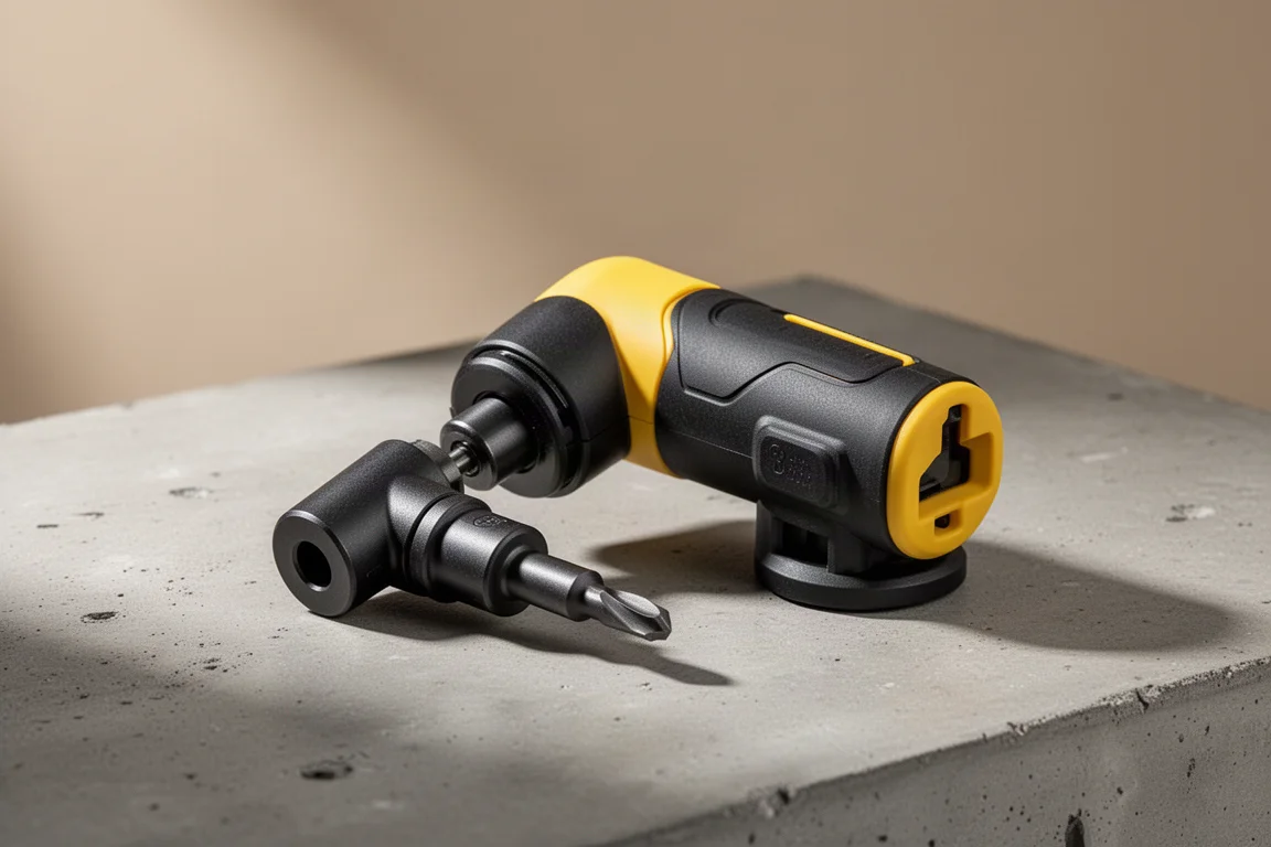 Embout d'angle DeWalt deux pièces posé sur une surface bétonnée d'atelier