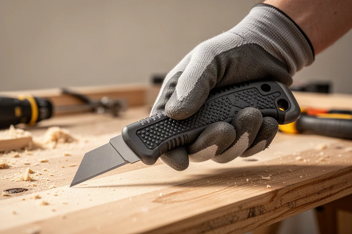 Mano guantata che impugna un taglierino over-molded texturizzato su un banco di cantiere