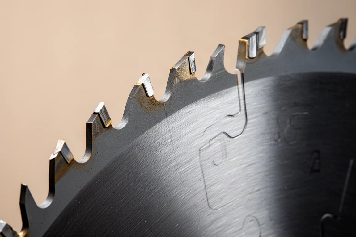 Gros plan sur les dents en carbure d'une lame de scie sur un corps d'acier embouti