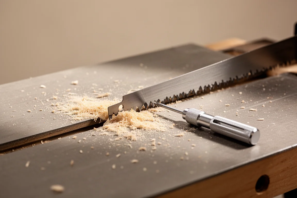 Établi avec de la sciure et des dents de lame de scie sous inspection