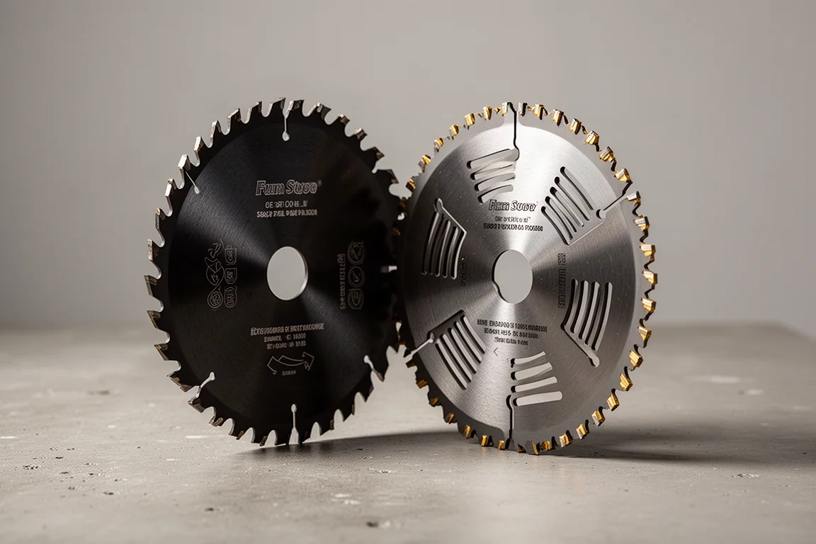 Two circular saw blades standing side by side on a concrete workshop surface