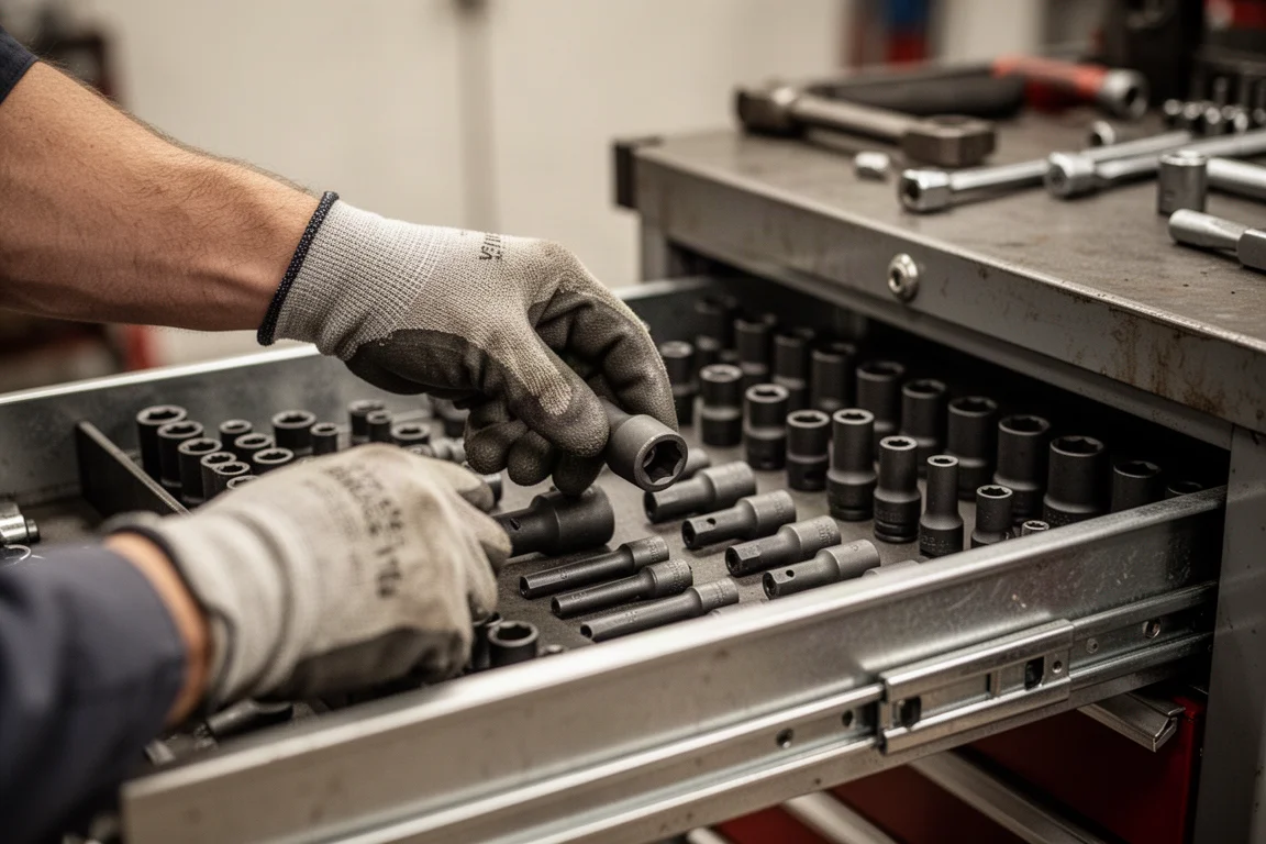 Behandschuhte Hände eines Mechanikers wählen eine Schlagstecknuss aus einer Schublade