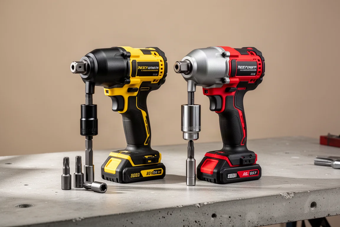 Offerte a impulsi DeWalt e Mac Tools affiancate su una panca di lavoro in cemento