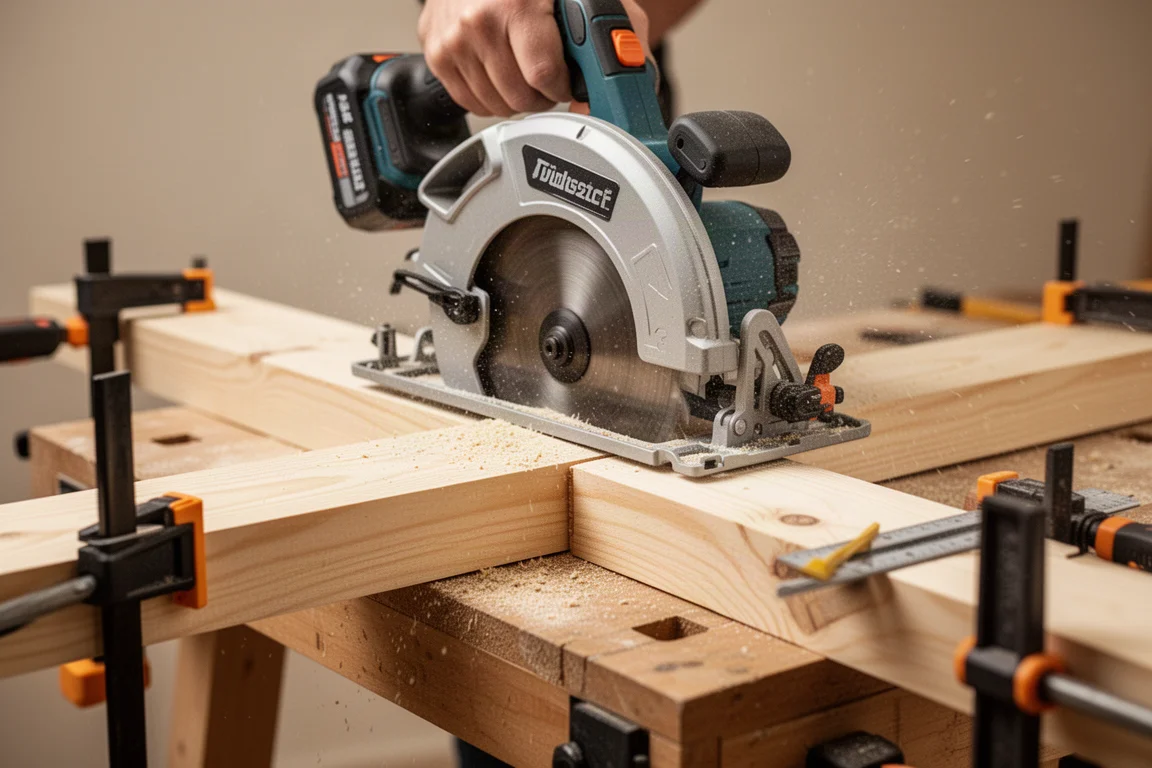 Circular saw cutting through a pine 2x4 on a workbench