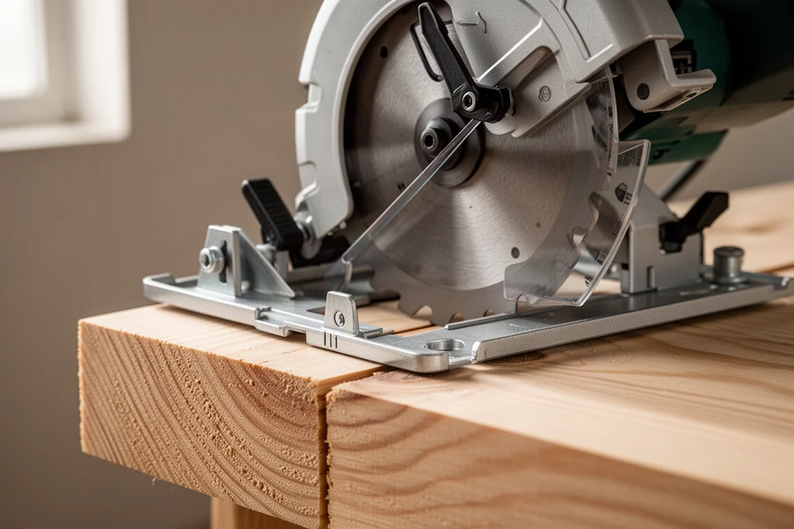 Close-up of a circular saw base plate set to a 45 degree bevel