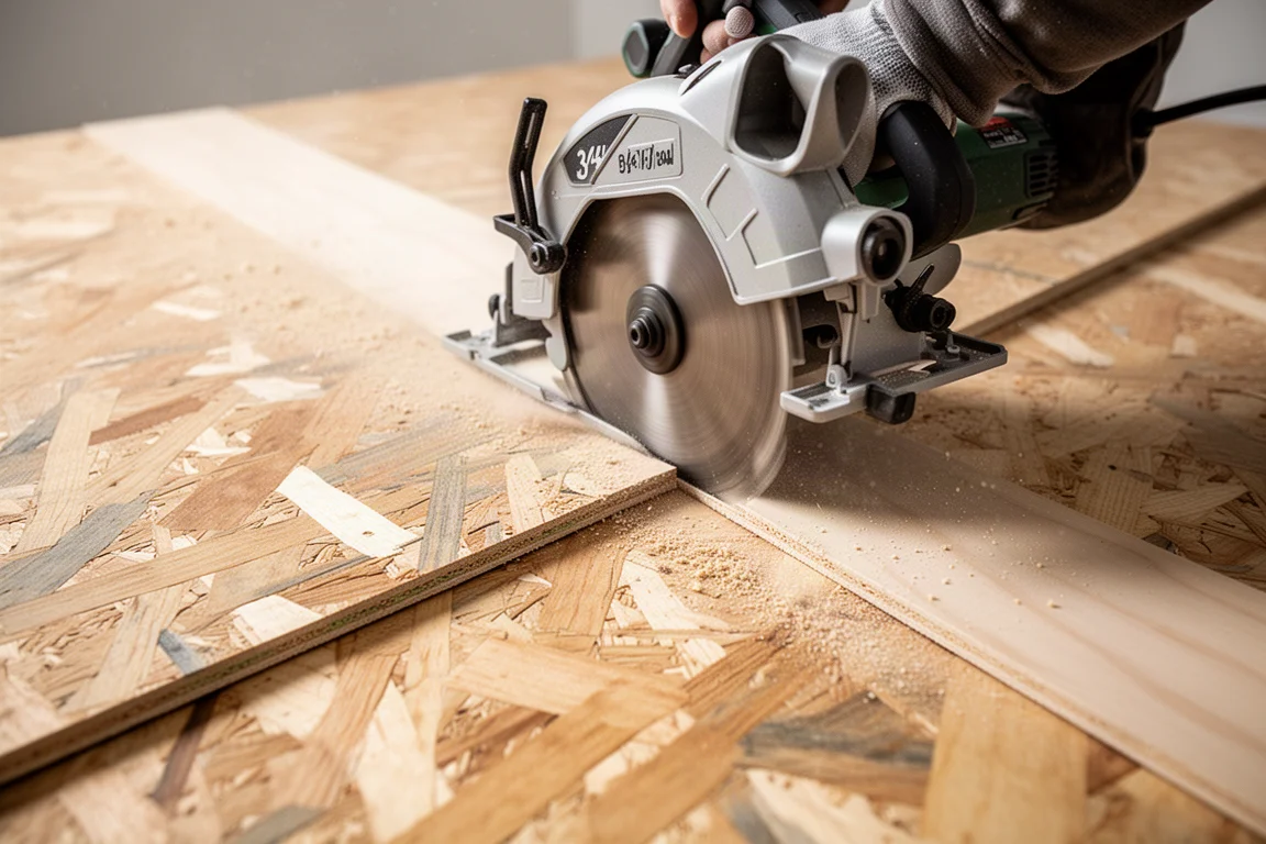 Circular saw gliding across OSB subflooring leaving a clean rip cut