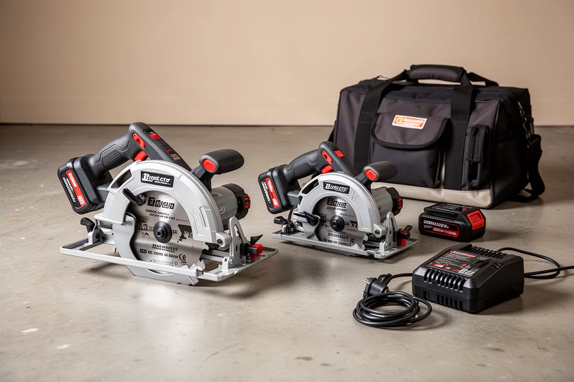 Two cordless circular saw kits with batteries and chargers on a garage floor