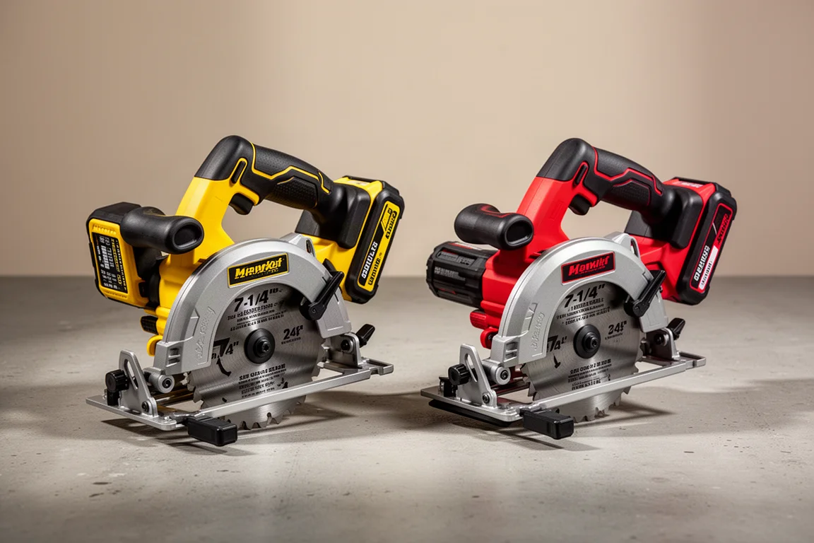 Two cordless circular saws side by side on a concrete workshop surface