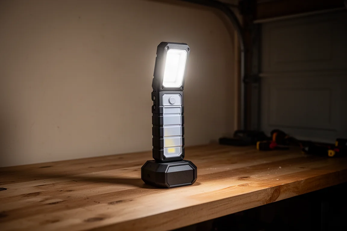 八角形のベースで作業台に直立して立つ、モジュラー式LED作業灯