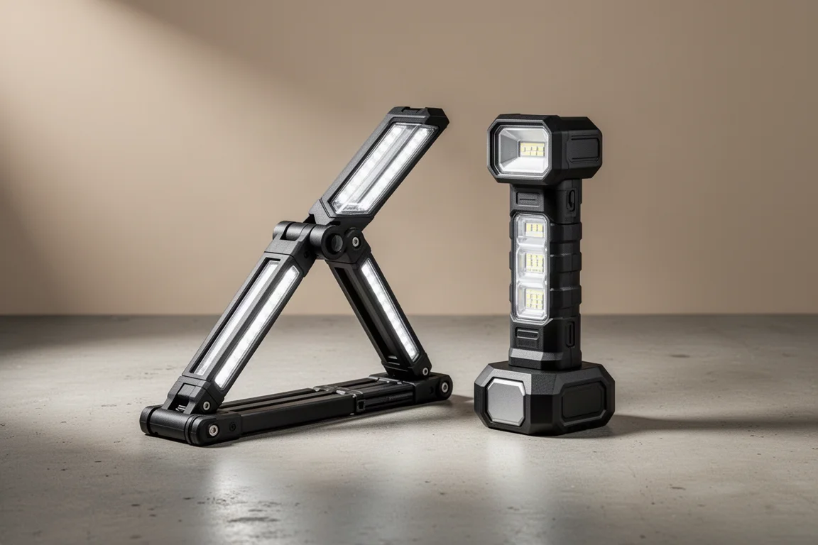 Two cordless underhood work lights side by side on a concrete surface