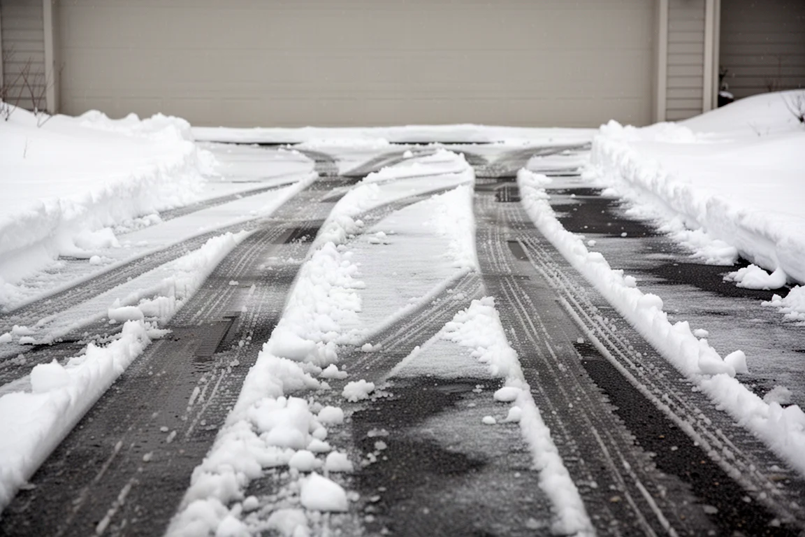 Nieve húmeda y pesada fuertemente compactada sobre una entrada de asfalto tras varias nevadas