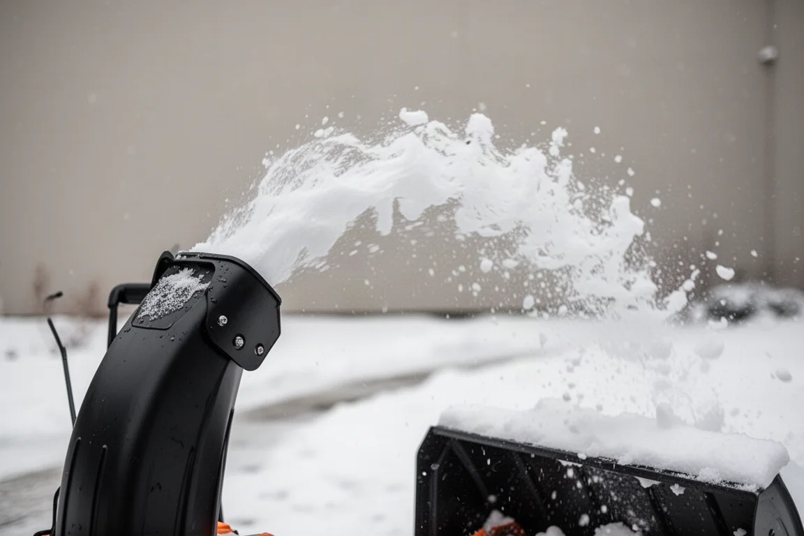 Primer plano de la boquilla de descarga de una sopladora de nieve lanzando una franja compacta de nieve