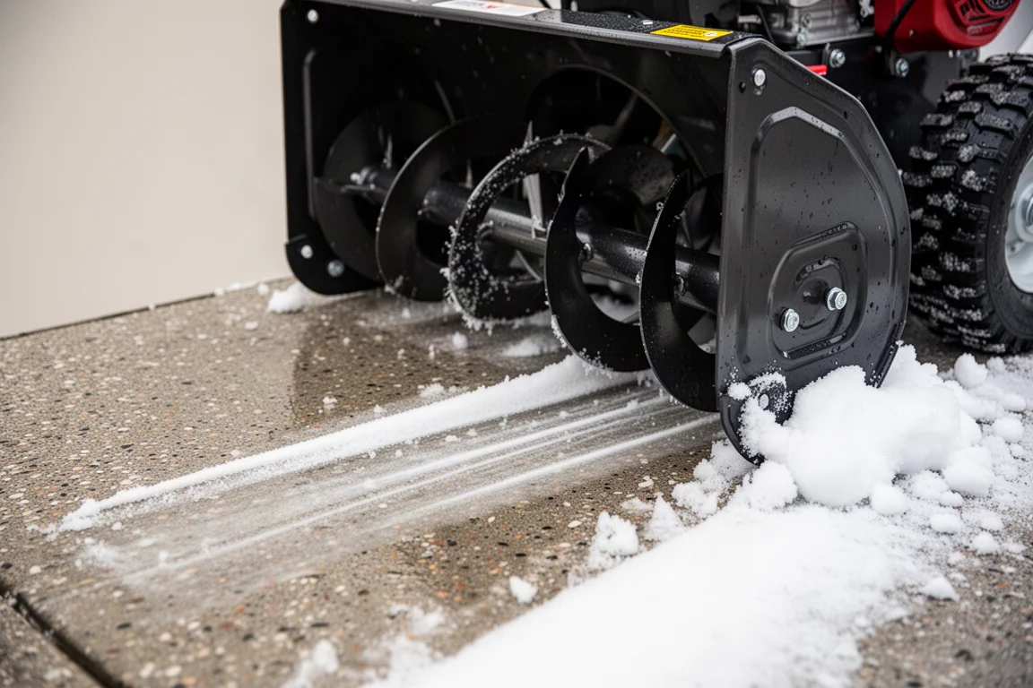 Sopladora de nieve raspando cerca del hormigón desnudo bajo una capa de nieve compactada