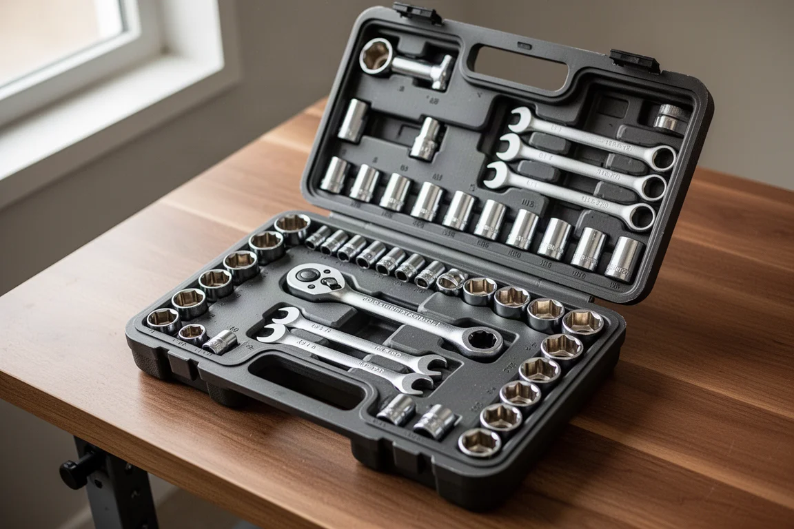 Open socket set case with sockets and ratchets laid out in molded compartments