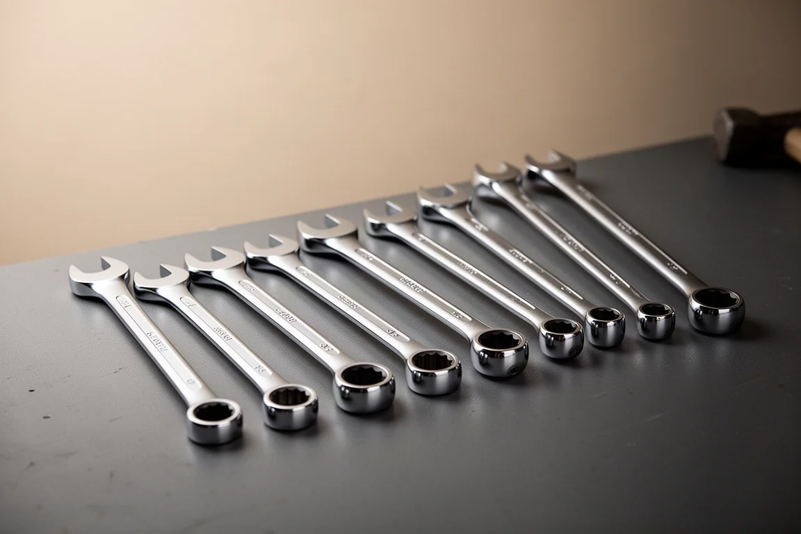 Combination wrenches arranged by size on a workbench