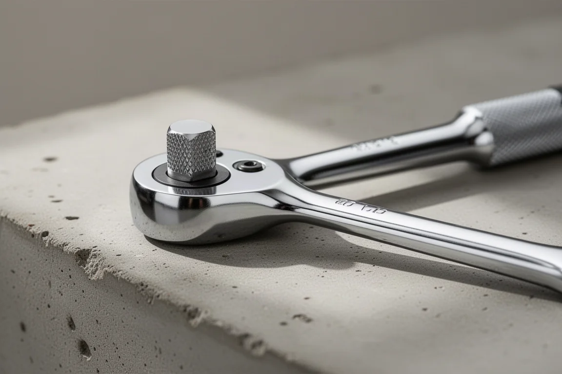 Close-up of a slim-head ratchet mechanism on a workbench