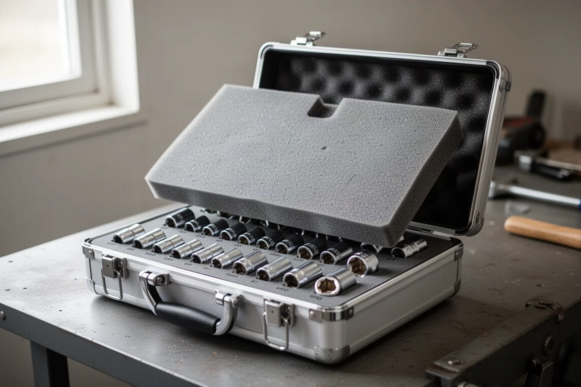 Socket set case with foam insert lifted to reveal organized sockets