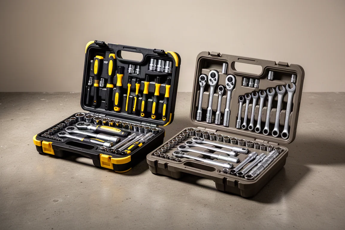 Two open socket set cases side by side on a concrete workshop floor