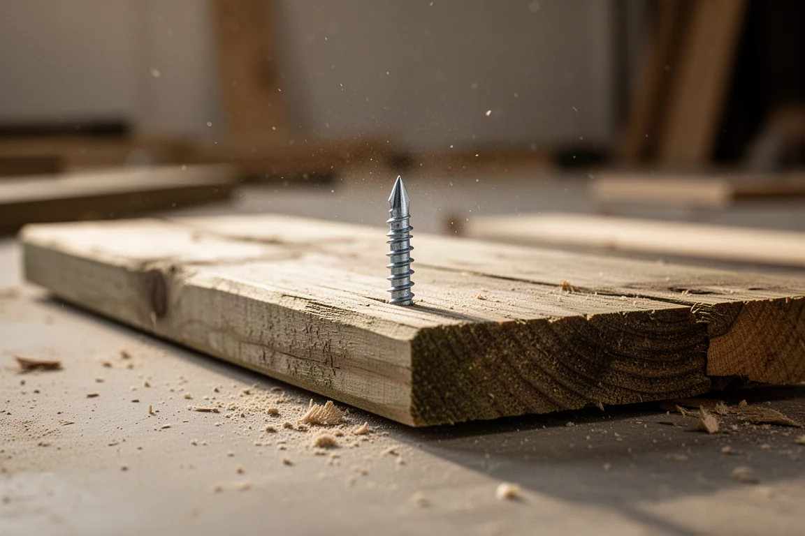 A screw sticking out of a wooden board on a job site floor
