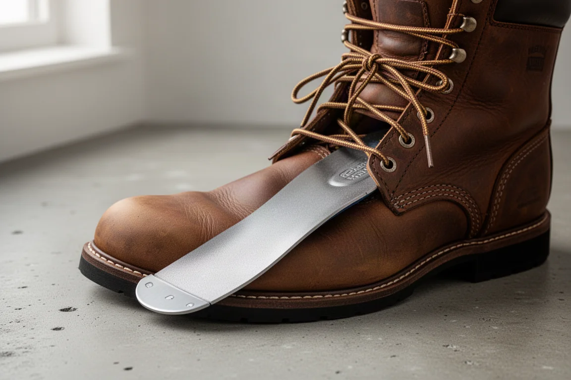 Steel toe insole inserted into a work boot showing the metal plate