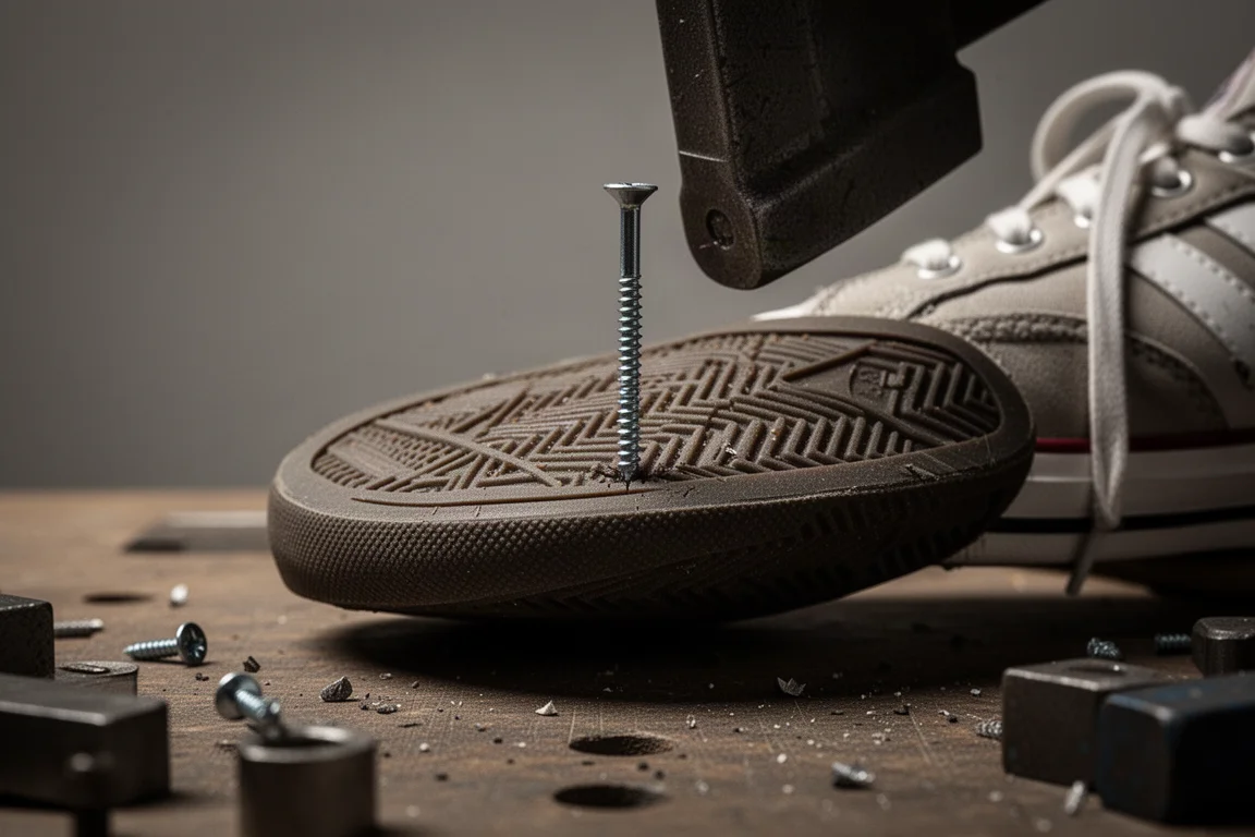 Screw tip pressed against the sole of a sneaker to demonstrate puncture risk