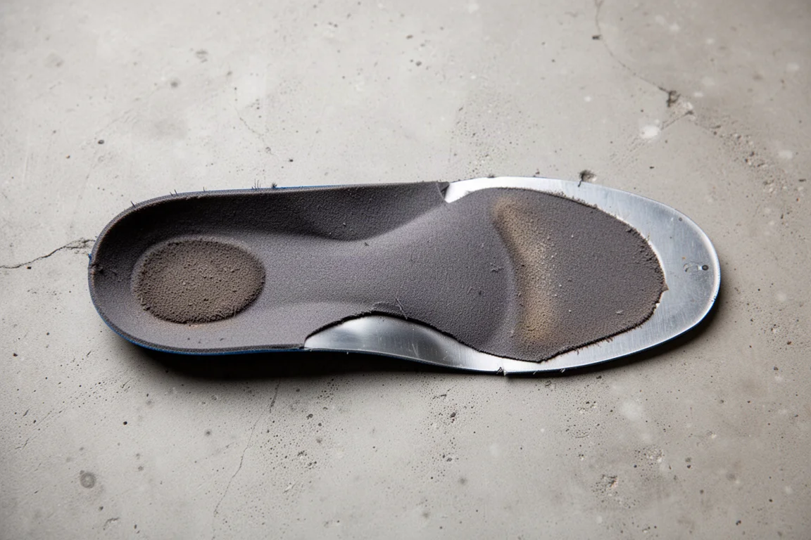 Worn steel insole showing a year of use with heel wear and intact metal plate