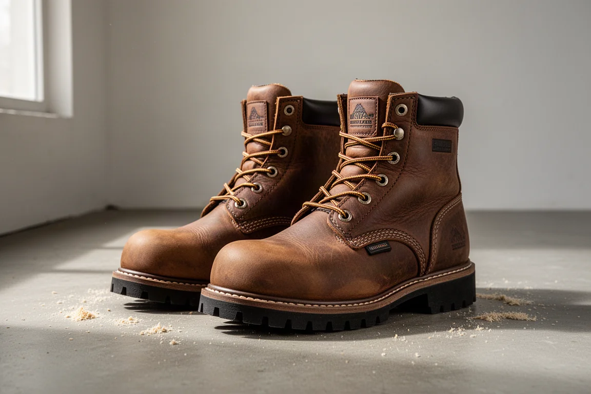 Pair of brown leather steel toe work boots on a concrete floor