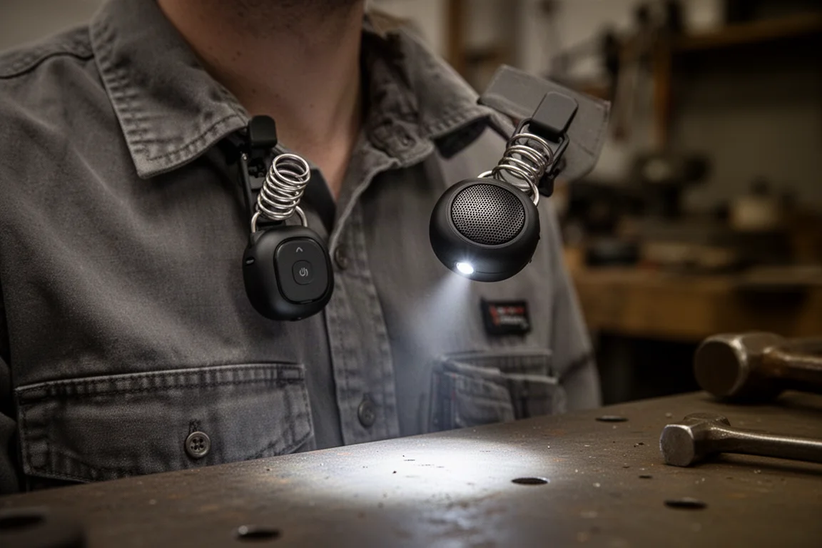 Draagbare luidspreker aan een boorden geklemd in een schemerige werkplaats met een kleine LED-lamp aan
