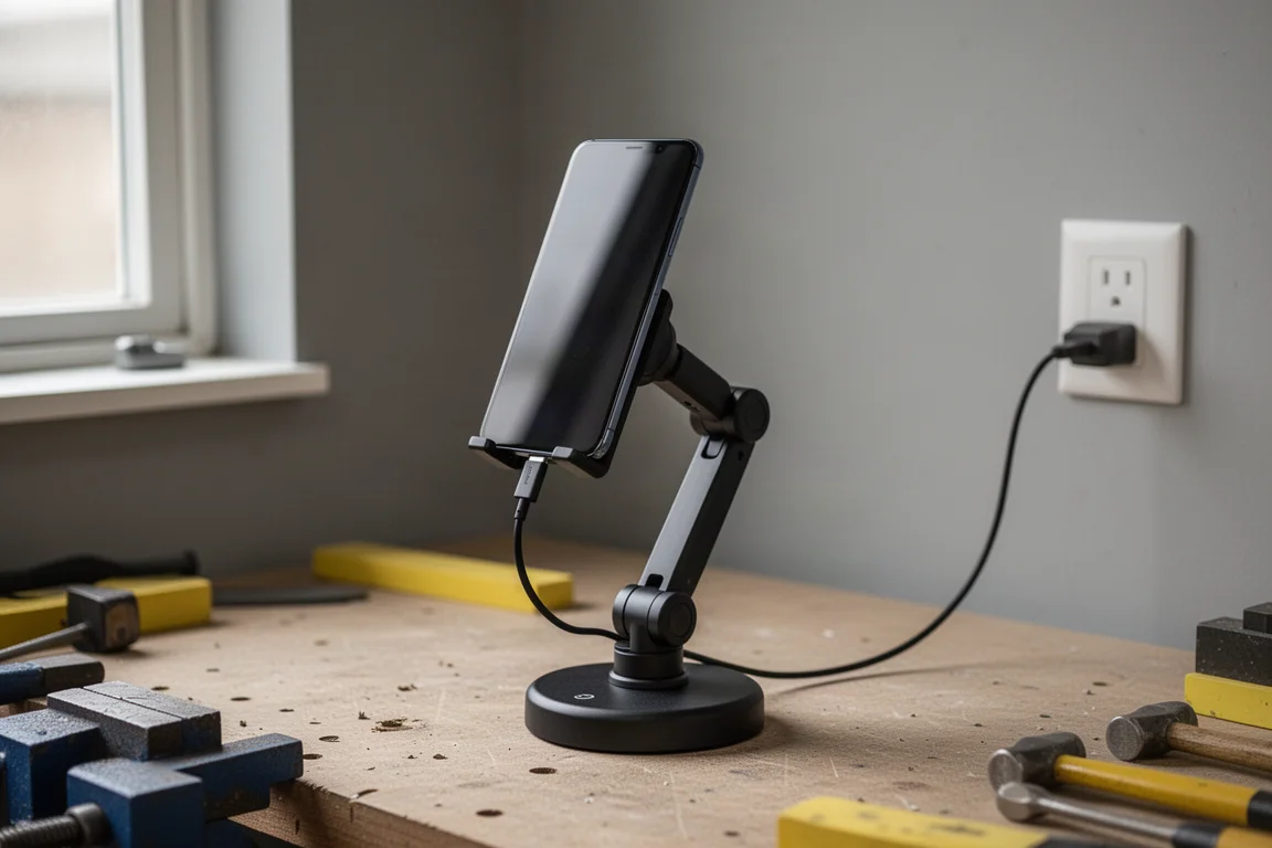 Verzwaarde oplaadstandaard met een smartphone op een werkbank, met zichtbare oplaadkabel