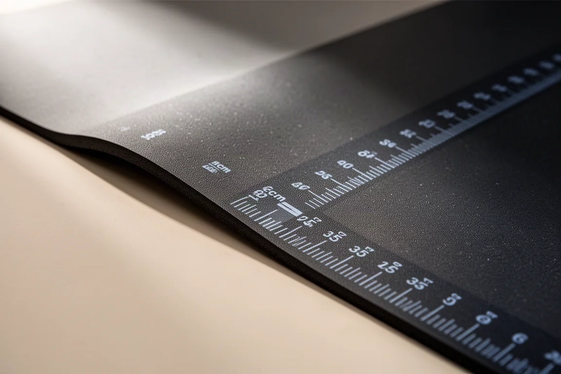 Close-up van meetmarkeringen in centimeters en inches langs de rand van een werkbankmat