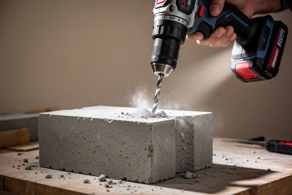 Kompakt slagborrmaskin som borr ett hål i ett betongblock
