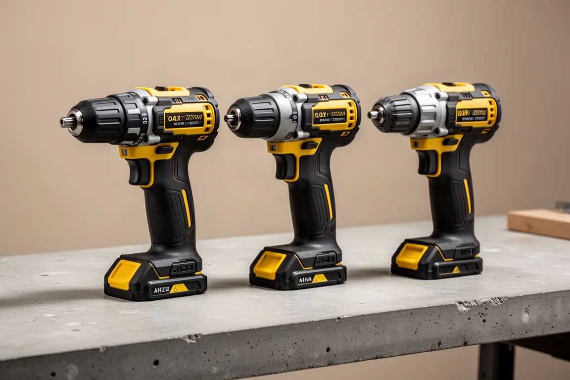 Three compact cordless drills side by side on a concrete workbench