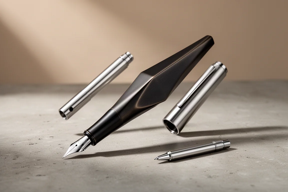 Futuristic black fountain pen with detached stainless jacket and ballpoint refill on concrete